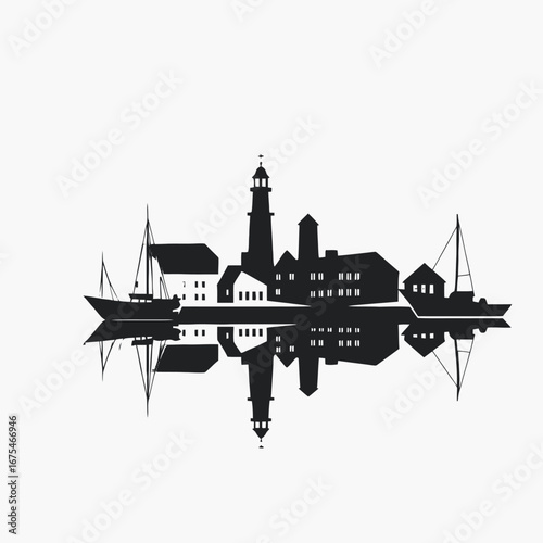 Reflected harbor scene showing coastal buildings and boats in striking silhouette