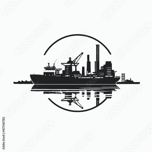 Industrial shipyard infrastructure with ship in ocean graphical vector design silhouette