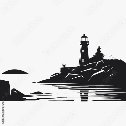 Rocky coastline with lighthouse and small human figure facing sea silhouette