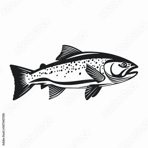Black and white spotted trout swimming elegantly in minimalistic vector silhouette