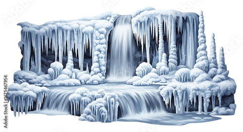 Frozen waterfall with icicles and ice formations isolated on transparent background