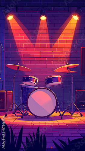 Colorful drum set under spotlights