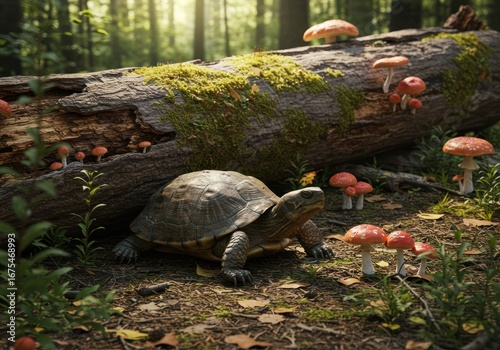 A wise old turtle explores a sunlit woodland floor, passing a mossy log adorned with enchanting red toadstools