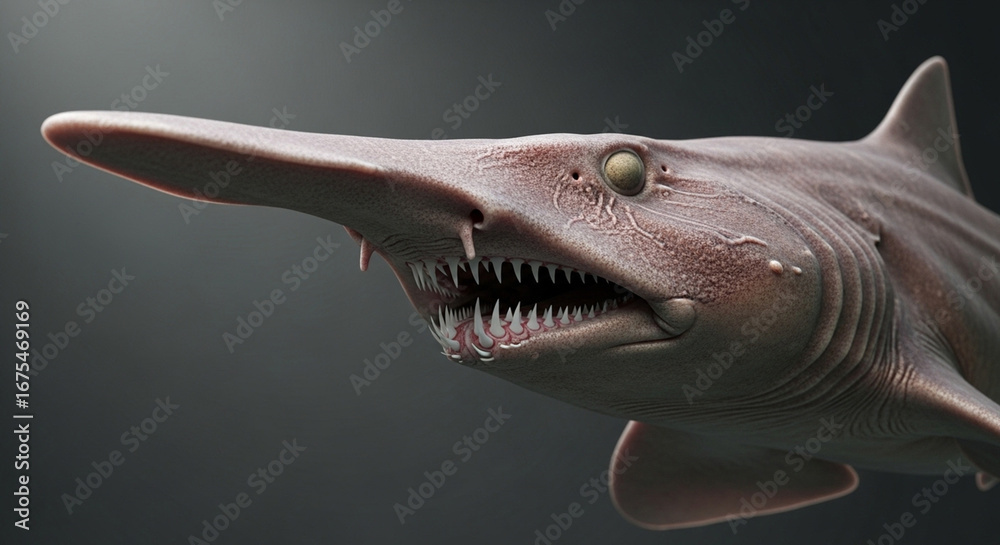Naklejka premium A close-up view captures a unique marine creature with an elongated snout and a set of sharp teeth, showcasing its distinct features against a dark background.