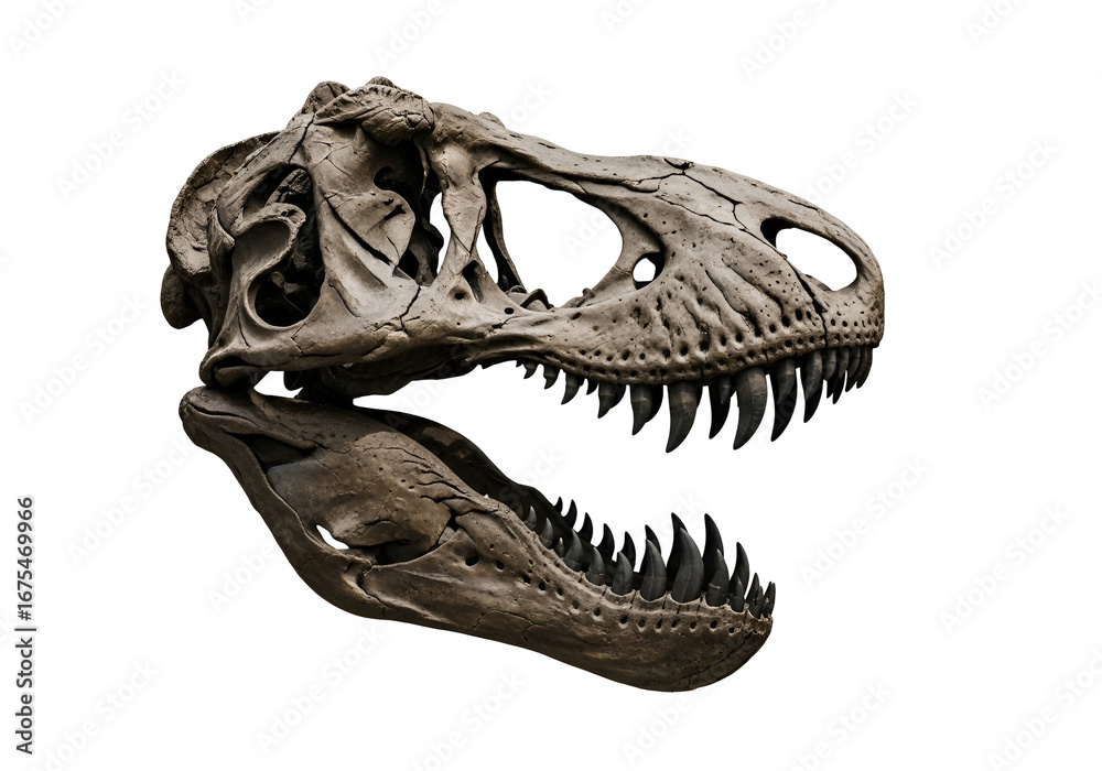 Fototapeta premium Close-up of a detailed prehistoric T-Rex skull, showcasing intricate bone structure and sharp teeth against a stark black background.