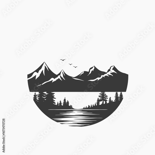Tranquil mountain range and lake reflecting trees against white background silhouette