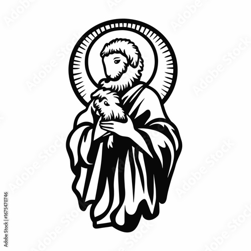 Saint Joseph carrying baby lamb with halo in striking black silhouette