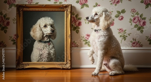 Regal Poodle Portrait and its Living Counterpart in a Rose Adorn