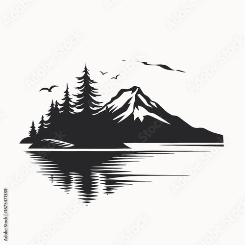 Majestic mountain reflected in calm waters, a striking evergreen forest silhouette