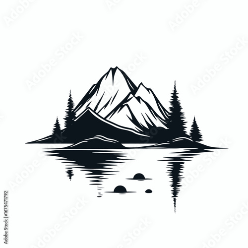 Mountain range and forest reflecting in the lake peaceful vector silhouette