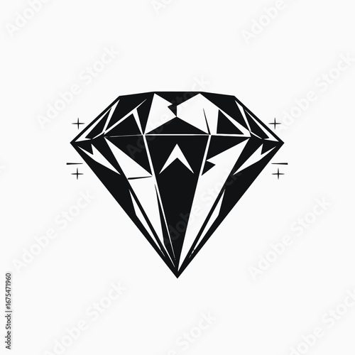 Elegant faceted diamond with geometric style on a white background silhouette