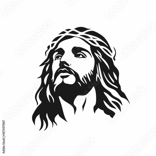 Jesus Christ depiction with crown of thorns artful vector design silhouette