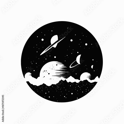 Abstract galactic planet landscape with stars in black and white silhouette