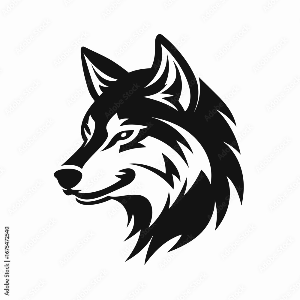 Obraz premium Detailed wolf head vector artwork, a striking black and white silhouette