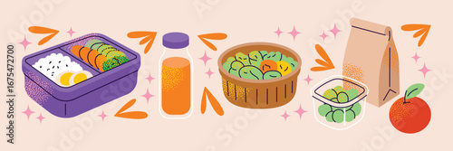 Lunch boxes meal prep with rice, vegetables, eggs, fruits, salads, juice, paper bag, and reusable containers. Flat vector illustration. Healthy eating lunch preparation concept