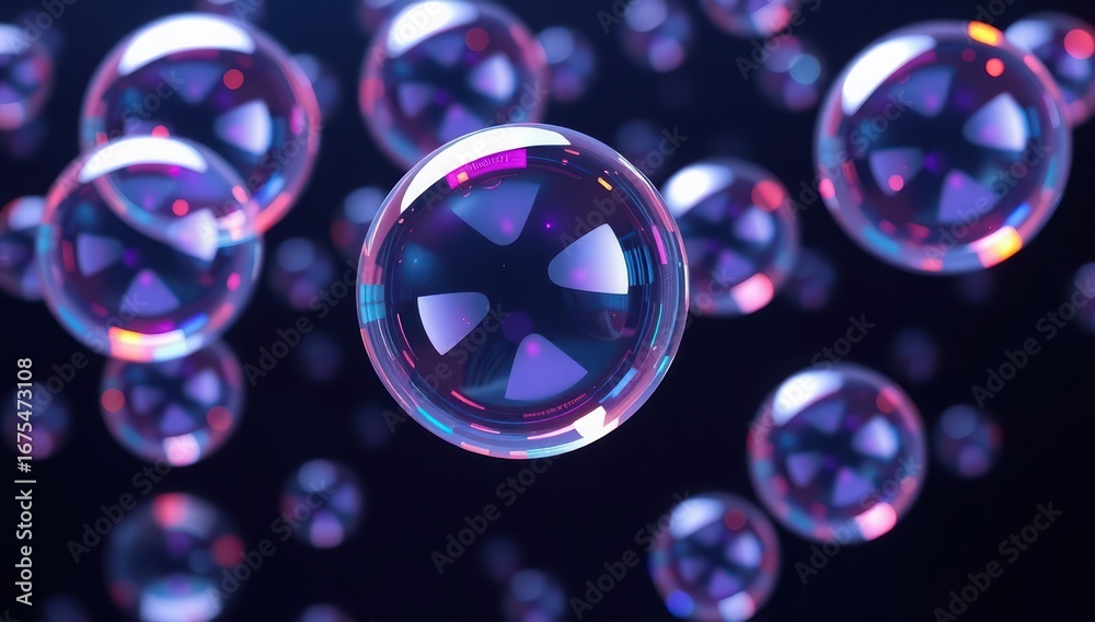 Naklejka premium A cluster of transparent iridescent bubbles floating against a dark background space