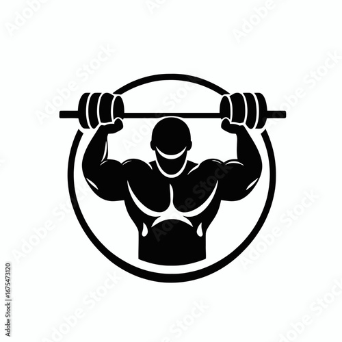 Muscular bodybuilder lifting weights in a circular emblem design, a powerful silhouette