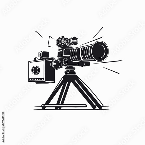Vintage professional film camera on a tripod, bold vector illustration silhouette