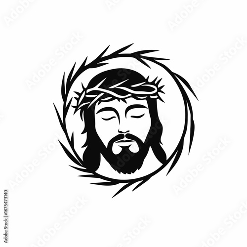 Detailed Jesus Christ wearing crown of thorns vector graphic illustration silhouette