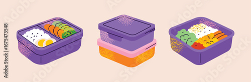 Lunch boxes meal prep with rice, vegetables, eggs, salads and reusable containers. Flat vector illustration. Healthy eating lunch preparation concept