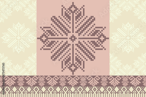 Seamless vector pattern in a cross stitch style, inspired by traditional Thai and Southeast Asian textiles. Ideal for backgrounds, fabric prints, wallpaper, and digital art. The intricate geometric 