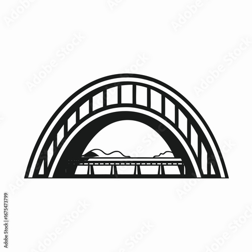 Graphic arch bridge spanning landscape in detailed black and white silhouette