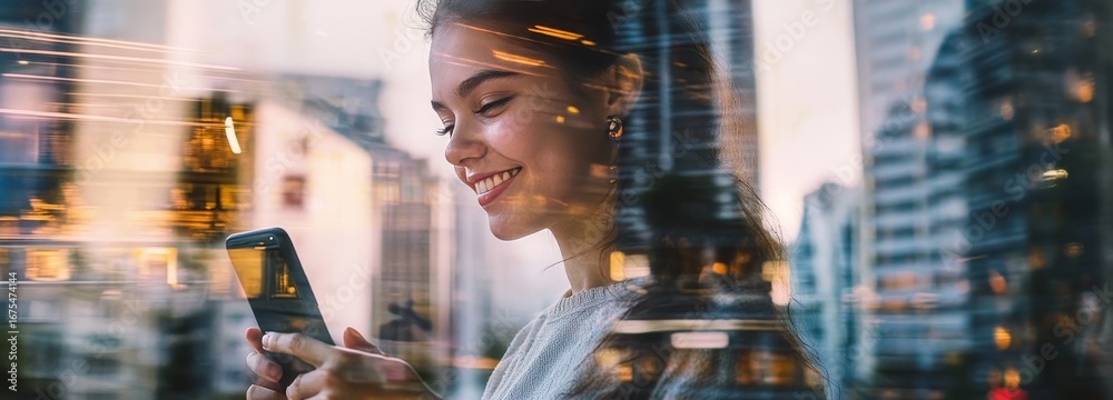 © carballo - smiling young man with mobile phone and urban city background