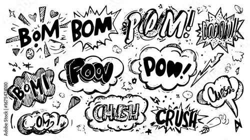 Comic-style sound effect illustrations with words like 'BOM', 'BOOM', 'POW', 'CRUSH'.