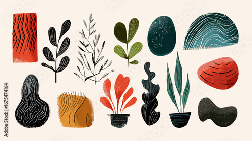 Abstract shapes and botanical elements in earthy tones on a beige background.