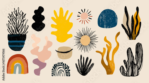 Abstract shapes and botanical elements in earthy tones on a beige background.