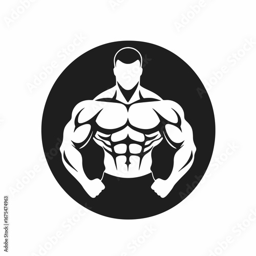 Strong muscular man in black and white circle artistic bodybuilder silhouette