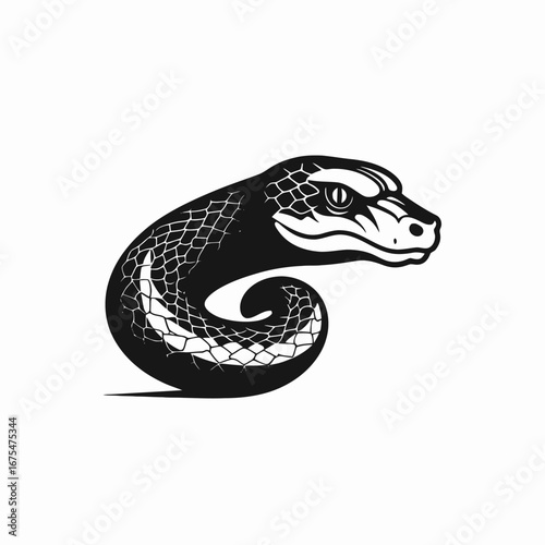 Striking stylized snake with scales in strong monochrome contrasts, a dynamic silhouette