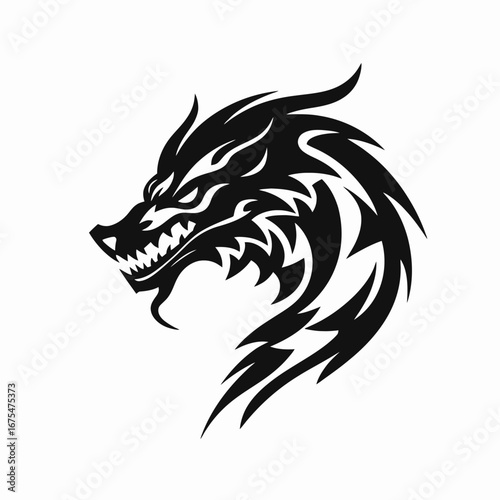Fierce mythical dragon head vector artwork design on white background silhouette