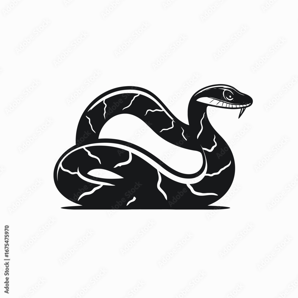 Naklejka premium Menacing snake with sharp fangs in a coiled pose, abstract silhouette