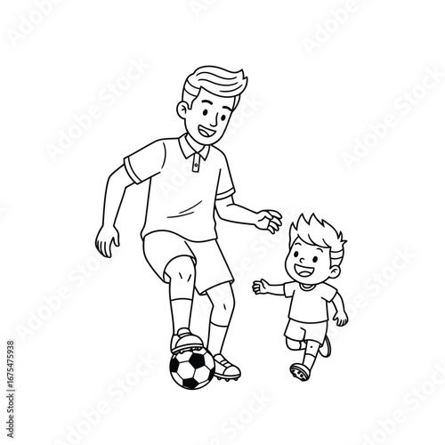 Vector illustration of father and son playing soccer in outline style