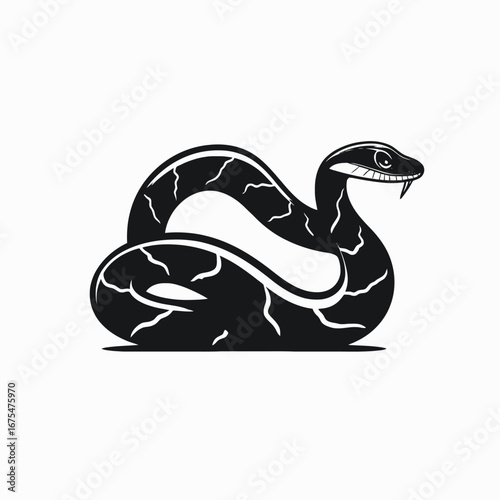 Menacing snake with sharp fangs in a coiled pose, abstract silhouette