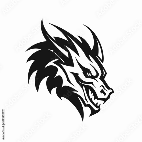 Fierce dragon head, depicted in a bold tribal style silhouette