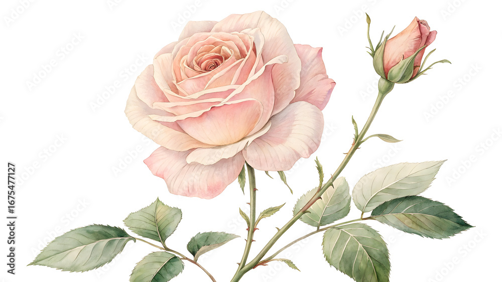 Obraz premium Pale Pink Rose Blossom with Bud and Green Leaves Watercolor Botanical Illustration isolated on a transparent background