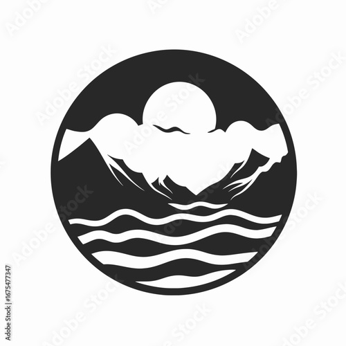 Serene mountains reflect in wavy water in simple, circular black silhouette.
