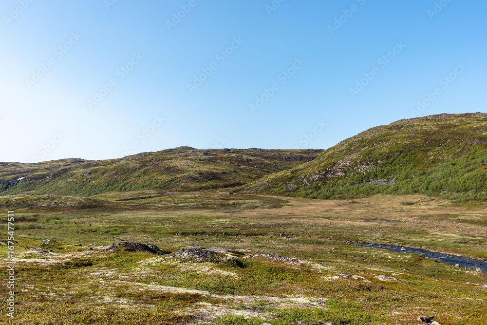Obraz premium Open grassy terrain stretches across the frame, showcasing rolling hills and patches of greenery under a bright blue sky on a sunny day in summer. Kola Peninsula, Murmansk, Teriberka
