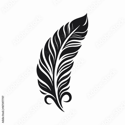 Elegant and intricate feather illustration with detailed swirls, black silhouette