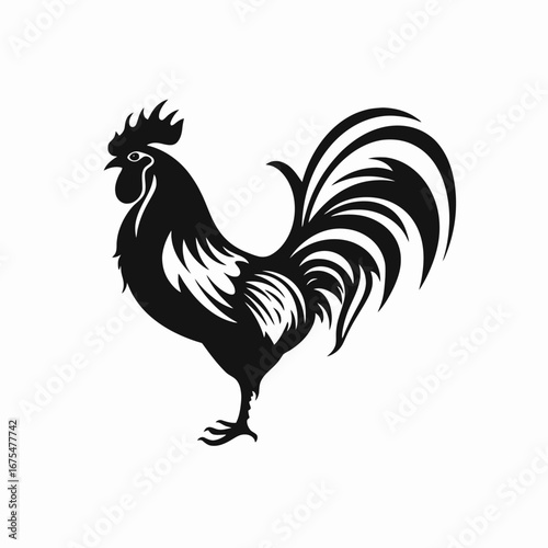 Graphic black rooster with ornate plumage stands proud silhouette