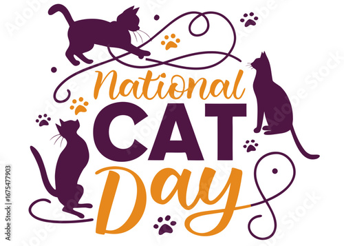 National Cat Day Illustration with Cat Silhouettes and Paw Prints Design