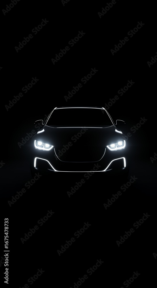 Fototapeta premium Front view of a sleek modern car with bright headlights and an illuminated body outline against a dark background.