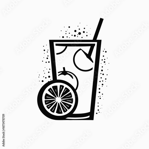 Refreshing citrus drink with ice cubes in graphic black silhouette
