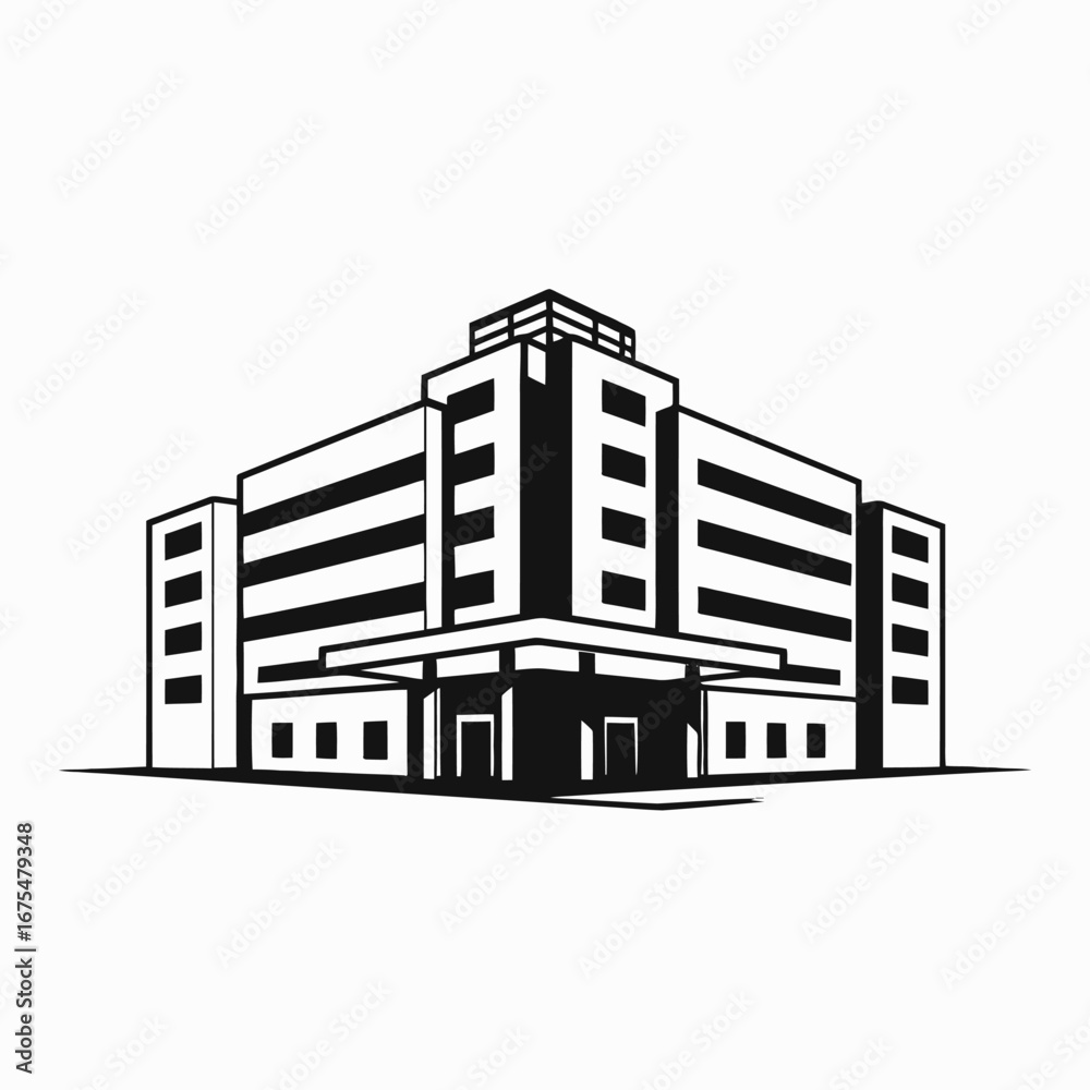 Fototapeta premium Modern commercial building illustration with strong architectural features depicted as a silhouette