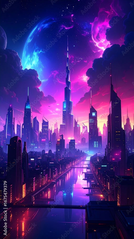 Fototapeta premium Neon Cityscape at Night with Futuristic Architecture.