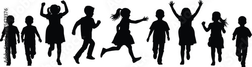 Children running jumping silhouette vector illustration with playful motion, energetic poses, group activity, childhood fun, white background graphic design