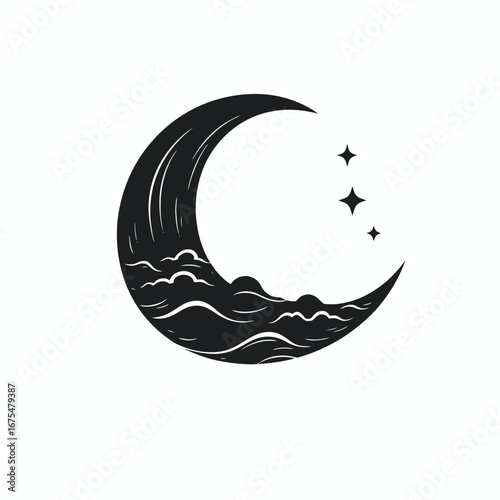 Crescent moon and stars artwork, stylized vector design celestial body silhouette