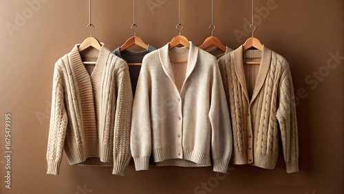 Collection of four chunky knit cardigans with buttons displayed on hangers against a warm brown wall, showcasing various styles and textures